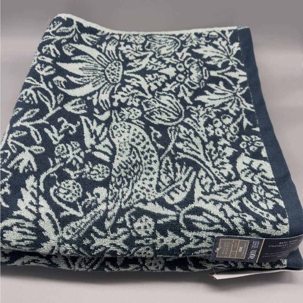 2 Pc William Morris Strawberry Thief Bird Teal Blue Bath Towel Set Floral NEW